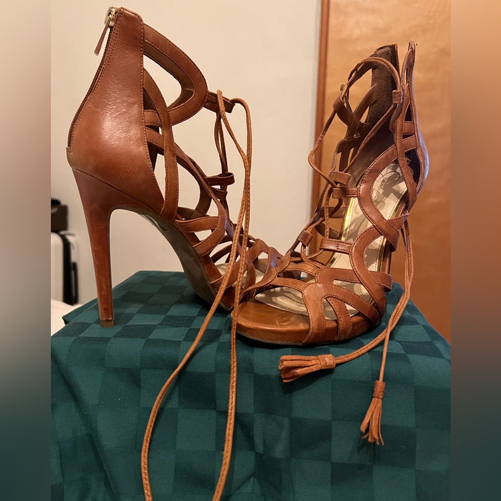 Jessica Simpson brown open toe stilletos